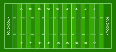 Amerikan futbol sahası. Amerikan futbolu için beyaz çizgileri olan yeşil çimenler. Gridiron, kenar çizgisi, bitiş bölgesi ve touchdown ile arka plan. Super Bowl için stadyum. Vektör.