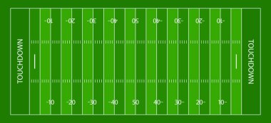 American football field. Green grass with white lines for american football. Background with gridiron, sideline, endzone and touchdown. Stadium for superbowl. Vector. clipart