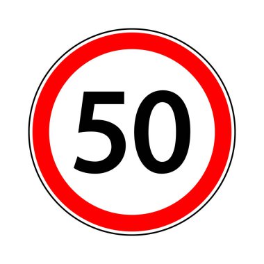 50 hız limiti işareti. Araba için 50 km hız sınırı. 50 km hız sınırlaması olan yol tabelası. Şehir veya otoban trafiği için simge. Beyaz arkaplanda izole edilmiş bir simge. Vektör.