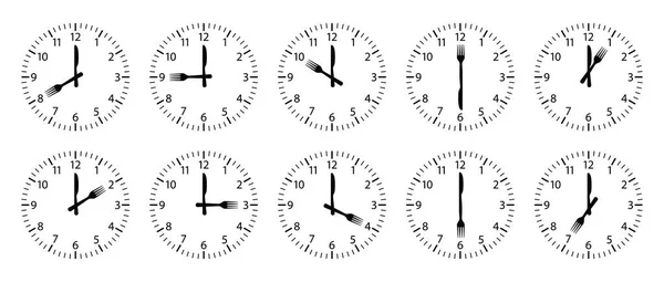 Clock Time Breakfast Clock Fork Knife Food Time Icons Isolated — 스톡 벡터
