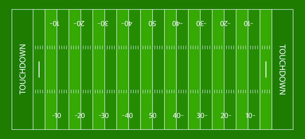 American football field. Green grass with white lines for american football. Background with gridiron, sideline, endzone and touchdown. Stadium for superbowl. Vector.