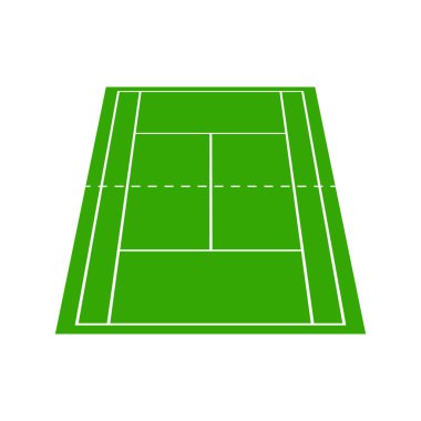 Üç boyutlu tenis kortunun üst görüntüsü. Üç boyutlu badminton saha manzarası. Tenis kortu için grafiksel kare. Wimbledon yarışması ikonu. Yeşil arka planda beyaz çizgiler. Spor sahası, plan ve stadyum için. Vektör.