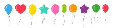 Flat cartoon balloons. Balloons with ropes. Ballons in style. Bunch of baloons for birthday and party. Blue, red, yellow and green flying ballons. Balls isolated on white background. Vector.