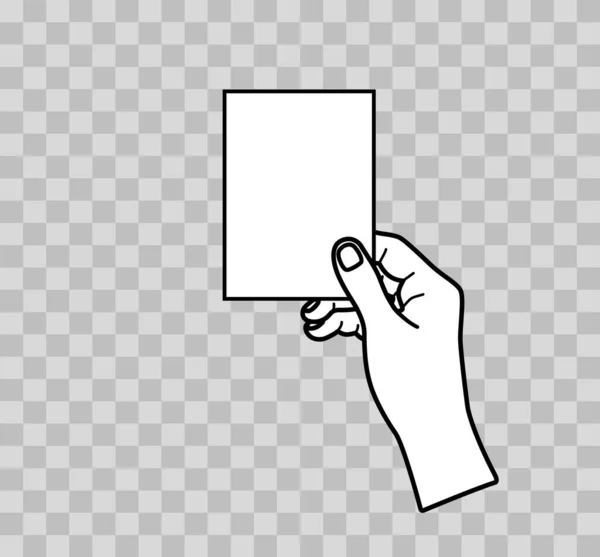 手里拿着名片 在透明的背景下隔离手持卡 轮廓纸空白卡 白臂持有塑料信用卡 来来去去展示的图标 — 图库矢量图片