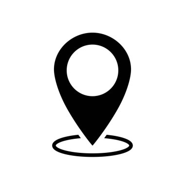 Harita iğnesi. Mevki ikonu. Konum sembolü. Beyaz arkaplanda izole edilmiş daire şeklindeki GPS simgesi. Kara Harita iğnesi. GPS noktası. Varış noktalarının web işaretçisi. Yol seyahati için imza. Vektör.