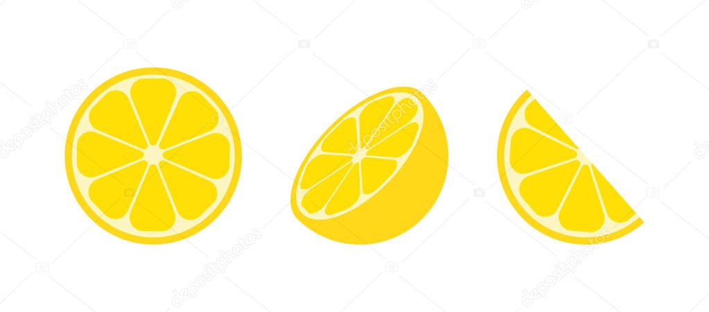 Lemon icon. Citrus slices. Citrus slices of lemon. Fruit with vitamin C. Round, half and slice of fruit for juice. Flat icon isolated on white background. Vector.
