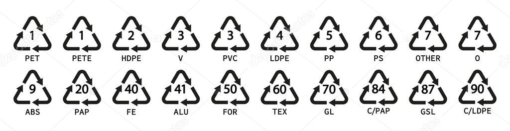 Recycle plastic symbol. Plastic recycle icons. Icon of pp, pet, hdpe, ldpe and pvc. Triangle logo for safety and ecology. Black icons isolated on white background. Vector.