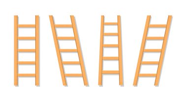 Wooden ladder. Isometric wooden ladders. Wood stair. Wood staircase. Set of cartoon stairs with shadow for construction, painter and work. Stepladder isolated on white background. Vector.