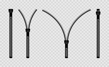 Fermuar. Zip simgesi. Çanta ve ceket için fermuar ve bağlayıcı. Şeffaf arka planda izole edilmiş giysilerin açılıp kapatılması. Tekstil ve deri için moda aksesuarları. Vektör.