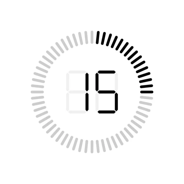15秒 15分钟十五秒或者十五分钟后开始计时一秒钟后 转圈计时 倒计时 在白色背景上孤立的图形符号 — 图库矢量图片