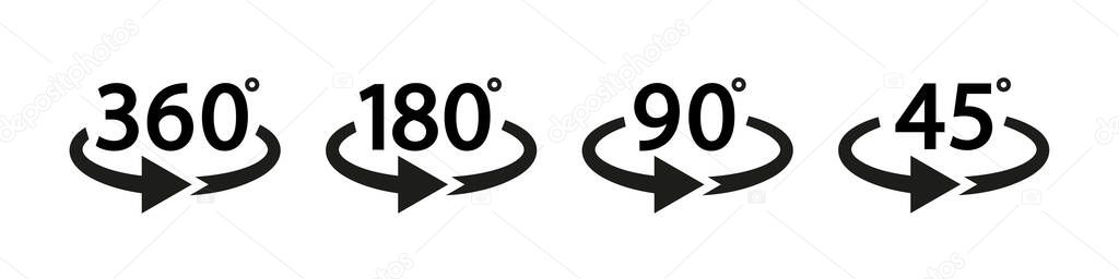 Arrow icon with 360, 180, 90 and 45 degree. Arrow icons with rotate angles of 360, 180, 90 and 45 degrees. 3d signs for panorama view. Round symbols with angles of turn. Vector. — Stock Illustration Arrow Icon 360 180 Degree Arrow Icons Rotate Angles 360 Royalty Free Stock Vectors
