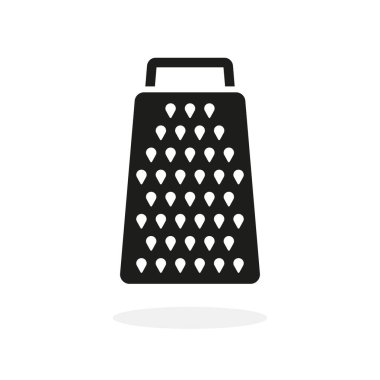 Peynir rendesi. Gölgeli peynir rendesi ikonu. Siyah simge beyaz arkaplanda izole edildi. Mutfak ve mutfak için grafiksel siluet. Izgara ve kağıt öğütücünün sembolü. Vektör.