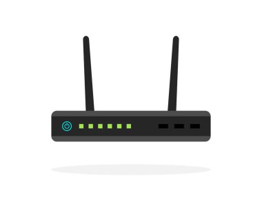Router geniş bant. Wi-Fi ve internet için modem kablosuz adsl yönlendirici. Ağ geçidi, anahtar, port anteni olan kablosuz ağ simgesi. Düz simge. Vektör.