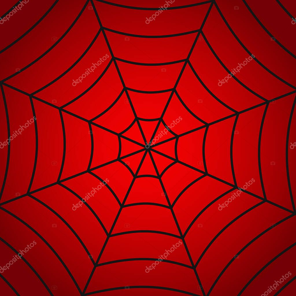 Spider man. Spiderman background. Red background with black spiderweb of spiderman. Pattern of cobweb for net, trap and horror. Hero texture. Vector.
