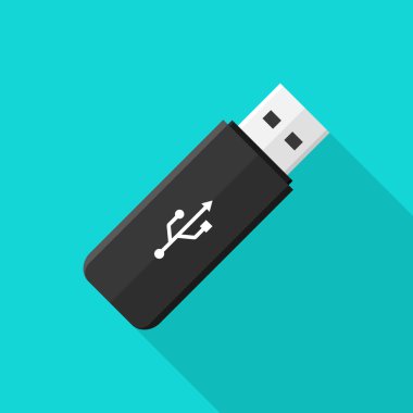 Usb sürücüsü. Flaş bellek. Hafıza kartlı USB belleğin düz simgesi. Bilgisayar için maket. Veri kaydetmek ve transfer etmek için gölgeli bir teknoloji cihazı. Vektör.