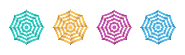 ビーチ用の傘 砂のビーチ 夏とプール用の傘 パラソルトップビュー 海の椅子のためのサンシェード 影とカラフルな縞模様の現実的なパラソル ベクトル — ストックベクタ