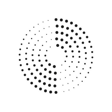 Nokta dairesi deseni. Yarım ton yuvarlak nokta deseni. Spiral yarım ton çerçeve. Soyut dalgalanma şekli. Beyaz arkaplanda izole edilmiş dairesel grafik doku. Yarım ton. Vektör.