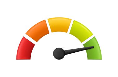 Hız göstergesi simgesi. Torpido gözünde yeşil, sarı, kırmızı göstergelerle 3 boyutlu bir ok. Bir ölçü takometre. Düşük, orta, yüksek ve risk seviyeleri. Hız, performans ve derecelendirme puanı. Vektör.