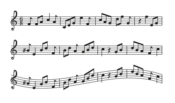 Müzik notaları simgeleri. Asa, anahtar ve anahtarlı şarkının sembolü. Melodi için ses işaretleri. Siyah siluetler beyaz arkaplanda izole edilmiş. Orkestra için grafiksel semboller. Vektör.