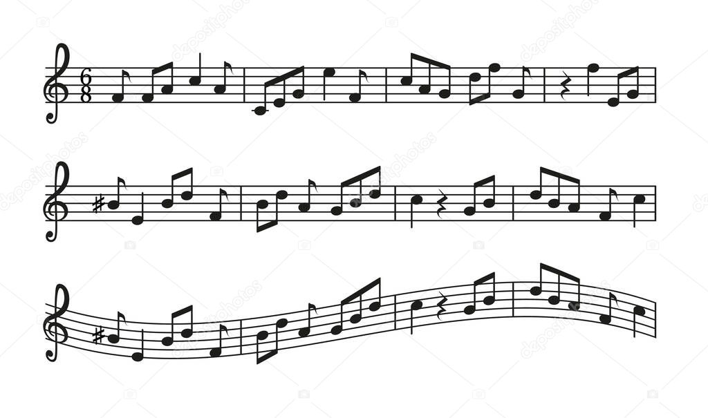 Music note icons. Symbol for song with staff, key and clef. Sound signs for melody. Black silhouettes isolated on white background. Graphic symbols for orchestra. Vector.