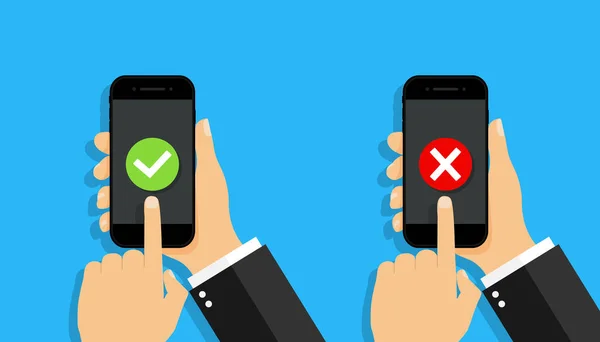 Kruis Tik Smartphone Telefoon Hand Met Knop Van Verkeerde Juiste — Stockvector