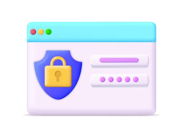 Webフォームのロック付きパスワード インターネットセキュリティの3Dアイコン アカウント ビジネス ファイルのデータ コンピュータ内の情報のサイバーセキュリティ 安全のためのログインとキー ベクトル — ストックベクタ