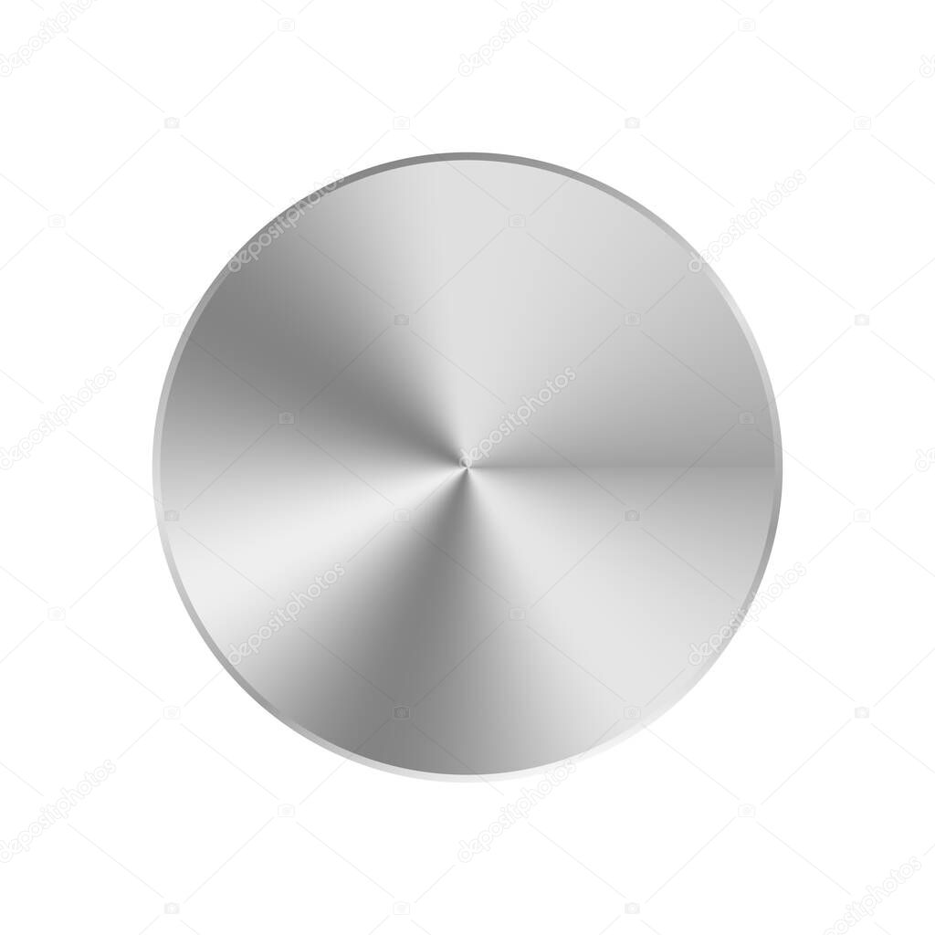 Metal circle. Steel texture. Radial silver button. Round gradient circle. Circular aluminum badge. Chrome metallic plate. Shiny logo. Vector.