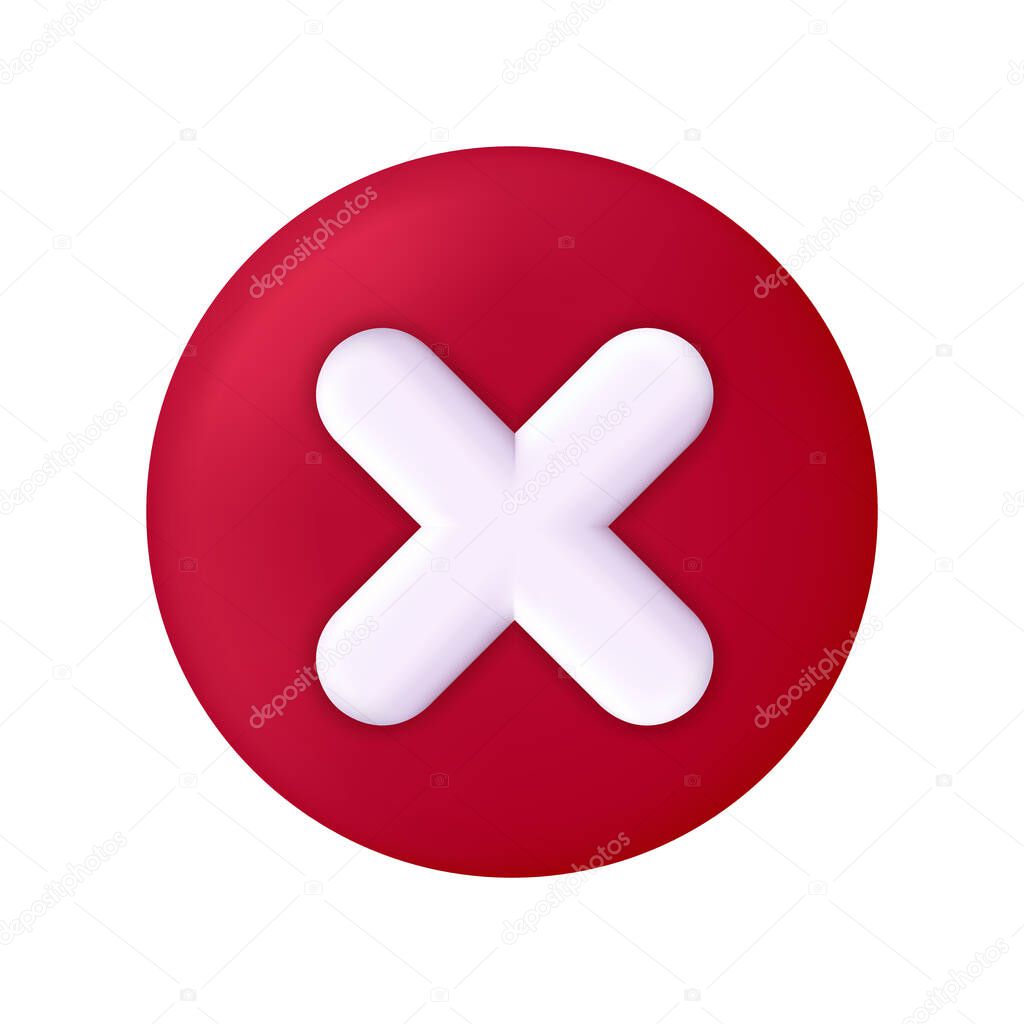 Cross icon. 3d button for wrong. Check mark of error. Red circle with sign for cancel, stop, ban and close. Decline symbol. X for app, delete and checklist. Vector.