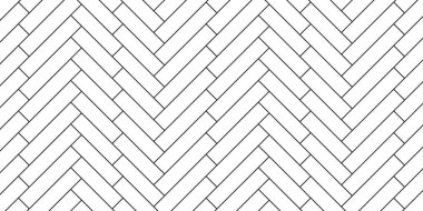 Herringbone zemini. Mutfak ve banyo için döşeme deseni. Parke dokusu. Ahşap zemin için modern geometrik arka plan. Beyaz arka planda siyah mozaik ana hatları. Vektör.