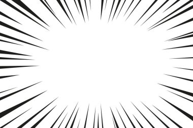 Radyal hız çizgileri arkaplanı. Çizgi roman için efekt ve çerçeve. Kitap için çizgi film modeli ve süper kahramanla anime. Patlama için retrografik elementler. Vektör.