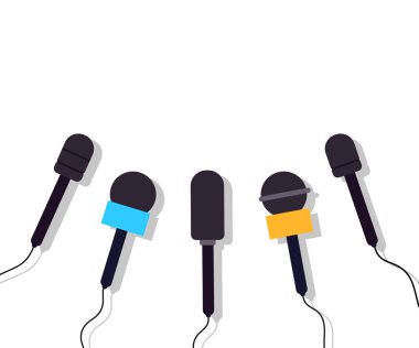 Haber, canlı ve televizyon için mikrofon. Gazeteci, medya ve muhabir mikrofonu. Son dakika röportajı ya da yayın. Gazetecilik ikonu. Stüdyo için bir sürü mikrofon. Vektör.