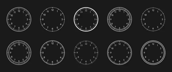 Clock Faces Watch Numbers Dial Icons Circle Stopwatch Scale Outline —  Vetores de Stock