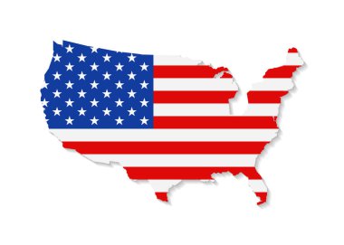 Usa flag on map. United states of america. Icon of country in color of national flag. Graphic territory with stripes and stars. North american background for 4th july with shadow. Vector.