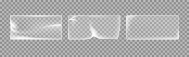 Transparent sticker. Plastic adhesive tape. Mockup of glued crumpled label. Icon of clear texture. 3d stickers isolated on transparent background. Realistic patch with corner. Vector.