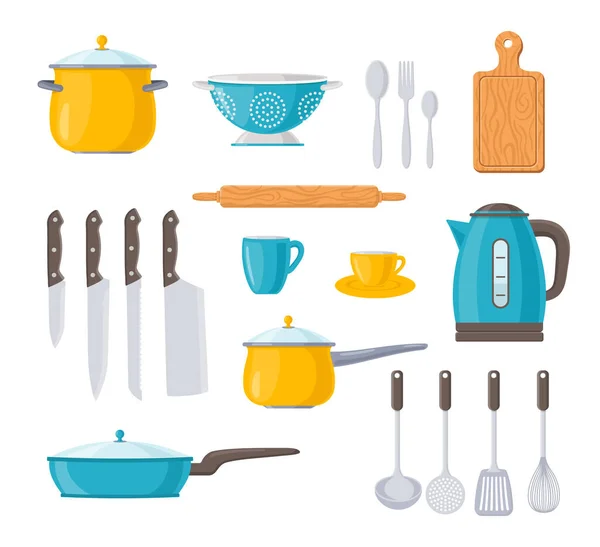 Kitchen Utensil Cookware Cooking Dishes Set Icons Kitchenware Tool Cook — Stok Vektör