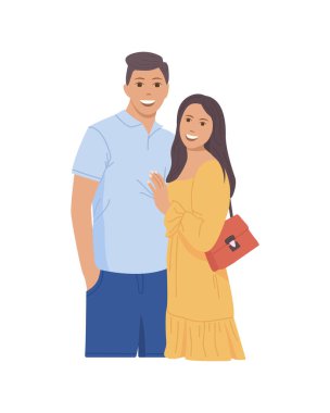 Love couple. Romantic young woman with man. Persons with happy characters. Romance and flirt between boyfriend and girlfriend. Happiness relationship between boy and girl. Concept valentine. Vector.