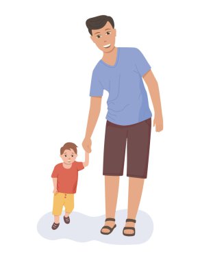 Father with son walk. Man with child. Love and happy family with dad and kid. Fun character of parent and boy. Cartoon father with baby. Concept of parenthood and childhood. Vector.