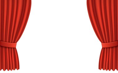 Sahnede kırmızı perde. 3D gerçekçi tiyatro perdeleri. Açık tiyatro, sinema ve opera için dekor. Gösteri, eğlence ve seremoni için lüks kadife. Vektör.