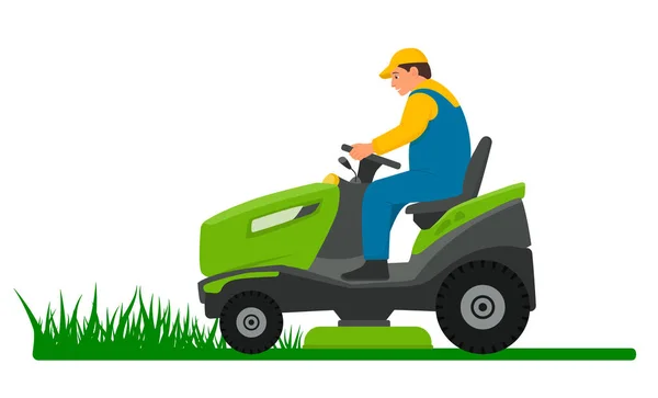 Grasmaaier Voor Grasmaaien Man Grasmaaier Maaituin Tractor Rijdt Het Veld — Stockvector