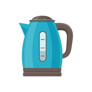 Elektrikli çaydanlık. Çaydanlık yassı simgesi. Çay ve kahve için alet tasarımı. İçmek için sıcak suyu olan elektrikli ekipmanlar. Kulplu plastik yerli cihaz. Mutfak ve ev için imza atın. Vektör.