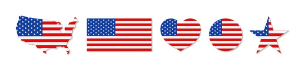 Bandiera Americana Bandiera Usa Con Diverse Forme Mappa Cerchio Cuore — Vettoriale Stock