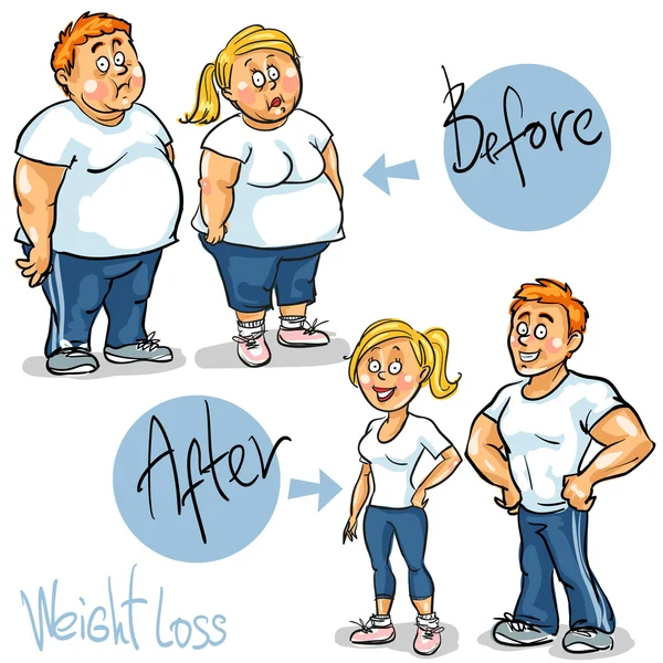 Man and Woman before and after weight loss program — Stock Vector