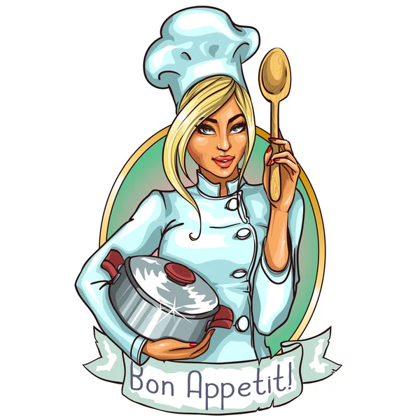 Pretty Chef with pot and spoon — Stock Illustration Pretty Chef with pot and spoon Stock Illustration