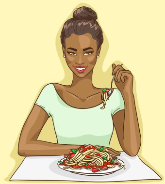 Afrikalı-Amerikalı kadın spagetti yemek