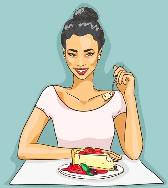 Asian woman eating cheesecake — Stock Vector