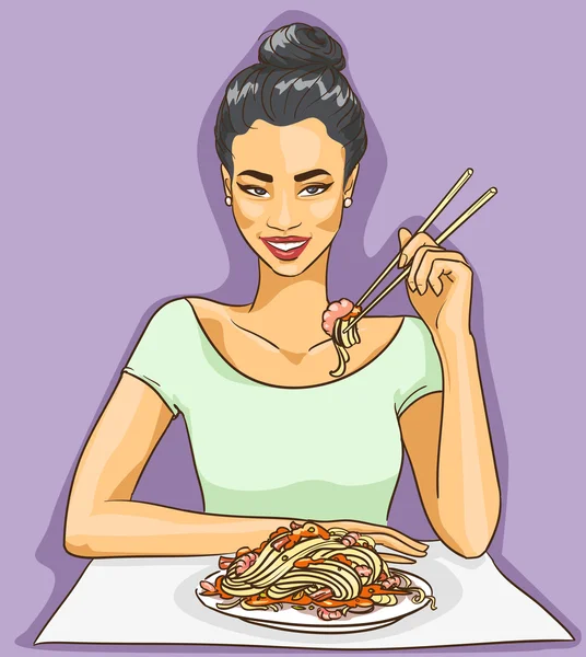 Asiatique femme manger des nouilles — Image vectorielle