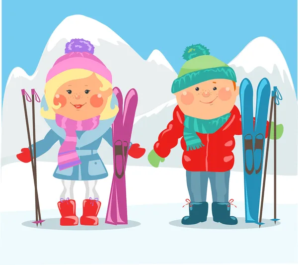 Couple avec skis — Image vectorielle