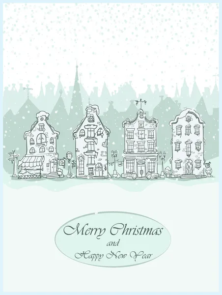 Σχεδιασμό Χριστουγεννιάτικη κάρτα, παλιά πόλη — Διανυσματικό Αρχείο