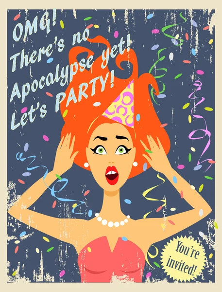 Party Einladung Design mit verrückten roten Haaren Mädchen — Stockvektor