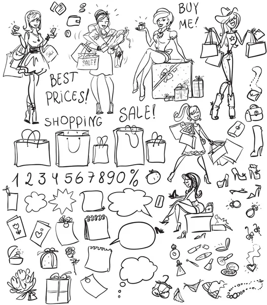 Doodles de compras, conjunto —  Vetores de Stock